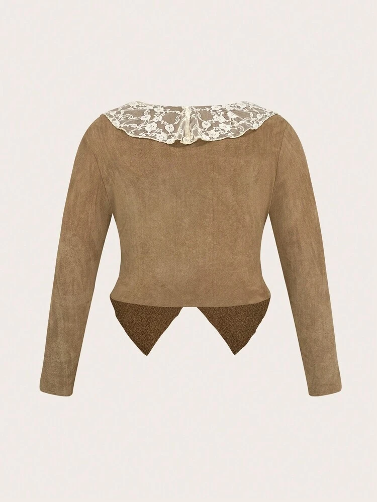Plus Size Lace Spliced Long Sleeve Top
