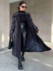 EURMUSE Women's Long Patchwork Padded Coat - Black - View 4