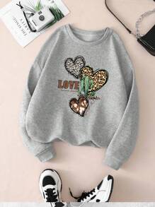 SHEIN LUNE Của phụ nữ Tim & Bản in Xương rồng Lông cừu Áo nỉ - Xám - Xem 1