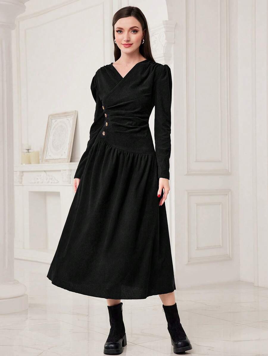 Modelyn 女用褶皺泡泡袖連身裙 - 黑色 - 查看 1