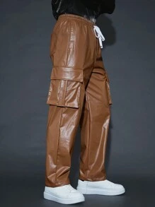 Manfinity RebelGame 男士束口褲腰帶,袋蓋口褲長褲 - 棕色 - 查看 3