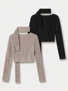 SHEIN Unity 2入組女式大圓領長袖t恤並配有圍巾 - 彩色 - 查看 2