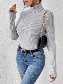 SHEIN Frenchy 女款純色下摺領肋狀t恤 - 灰色 - 查看 3