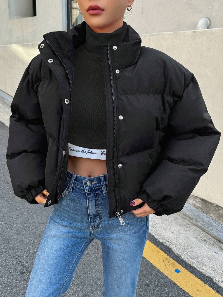 DAZY 女士黑色前拉链加厚外套 - 黑色 - 查看 1