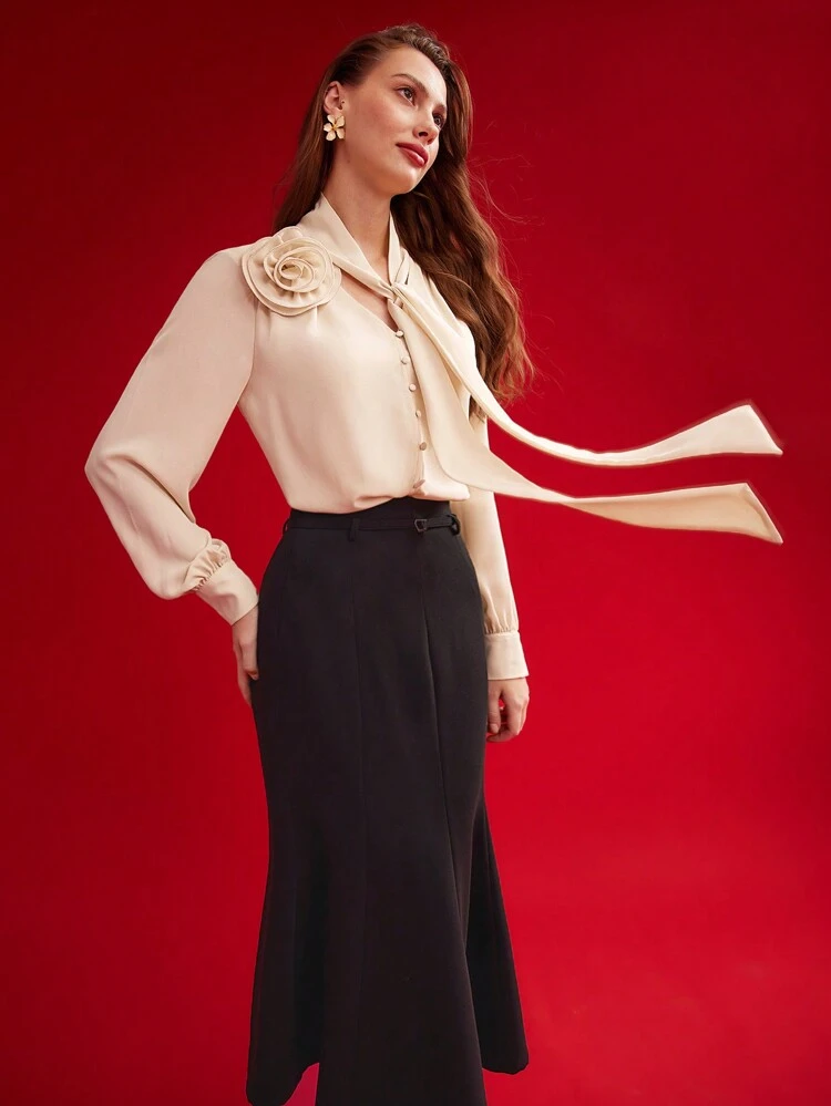 WOVEN WOMEN'S TIE NECK STEREO FLOWER BLOUSE,VALENTINE'S DAY