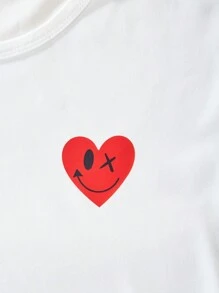 Girls' Dual Heart Graphic Round Neck Short Sleeve T-Shirt, Cute Heart Pattern, Casual & Versatile, Red - White - View 6