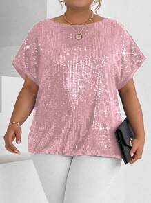 SHEIN BAE 大尺碼女款亮片蝙蝠翼袖 T 卹 - 淺粉色 - 查看 3