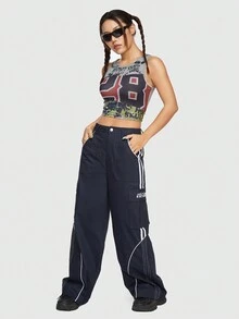 ROMWE Avant Color Block Splicing Alphabet Printed Athletic Pants For Women - Navy Blue - View 2