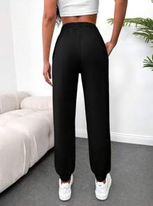 RueChic Drawstring Waist Slant Pocket Sweatpants - Black - View 2