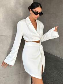 EURMUSE Ladies' Short Suit Jacket + Twisted Hem Mini Skirt Set - White - View 4