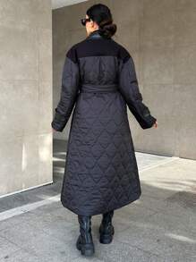 EURMUSE Women's Long Patchwork Padded Coat - Black - View 5