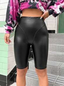 SHEIN Coolane 女性高腰彈力打底短褲 - 黑色 - 查看 3