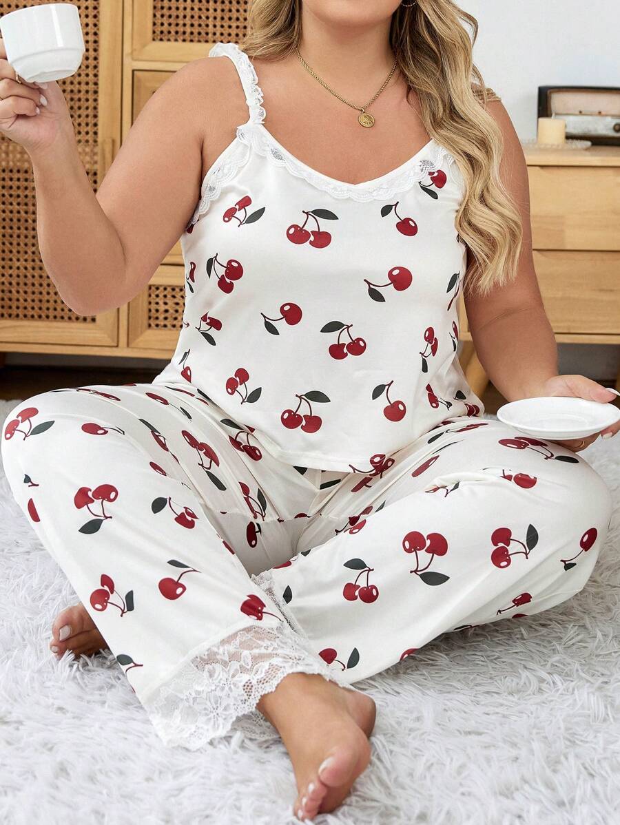 Conjunto De Pijama Con Estampado De Cerezas De Talla Grande