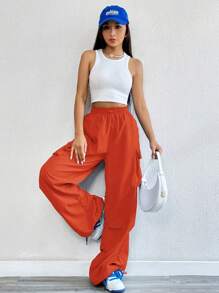 SHEIN Coolane Pantalón De Pierna Ancha Con Bolsillo De Solapa Y Cintura Con Cordón Para Uso En Actividades Al Aire Libre - Naranja - Ver 4