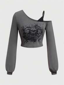 ROMWE Grunge Punk Asymmetrical Shoulder Skull Printed Long Sleeve T-Shirt - Grey - View 1