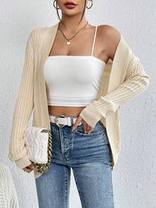 SHEIN Privé 女式落肩羅紋開襟衫 - 杏色 - 查看 5