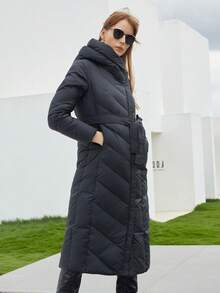 Women's Long Hooded Padded Coat With Belt - Black - View 4