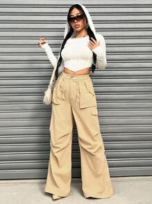 SHEIN EZwear Zipper Fly Foot Loose Fit Cargo Pants - Khaki - View 1