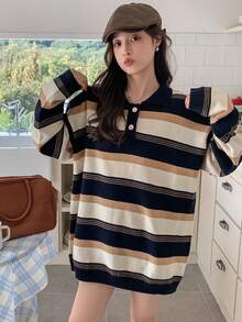 DAZY 女士條紋polo領毛衣 - 咖啡棕 - 查看 3