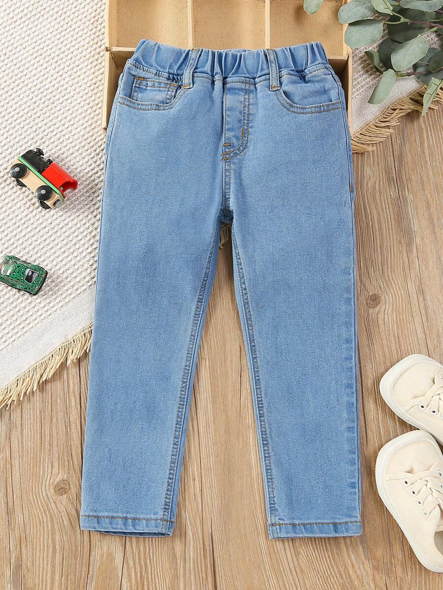 SHEIN Vintaside Kids 男孩通用中性休閒燈色洗水完全彈性腰平口袋牛仔褲 - 淺色水洗藍 - 查看 1