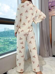 Ladies Bear Print Long Sleeve Top Long Pants Pajama Set - Apricot - View 2
