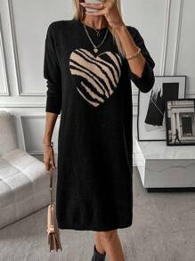 SHEIN LUNE Women's Zebra Pattern Heart Shaped Round Neck Casual Sweater Dress - Black - View 1
