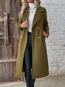SHEIN LUNE 純色翻領雙排扣羊毛大衣 - 軍綠色 - 查看 3