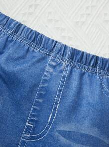 SHEIN 女童荷叶边罗纹上衣和牛仔效果喇叭裤两件套 - 黑色 - 查看 4