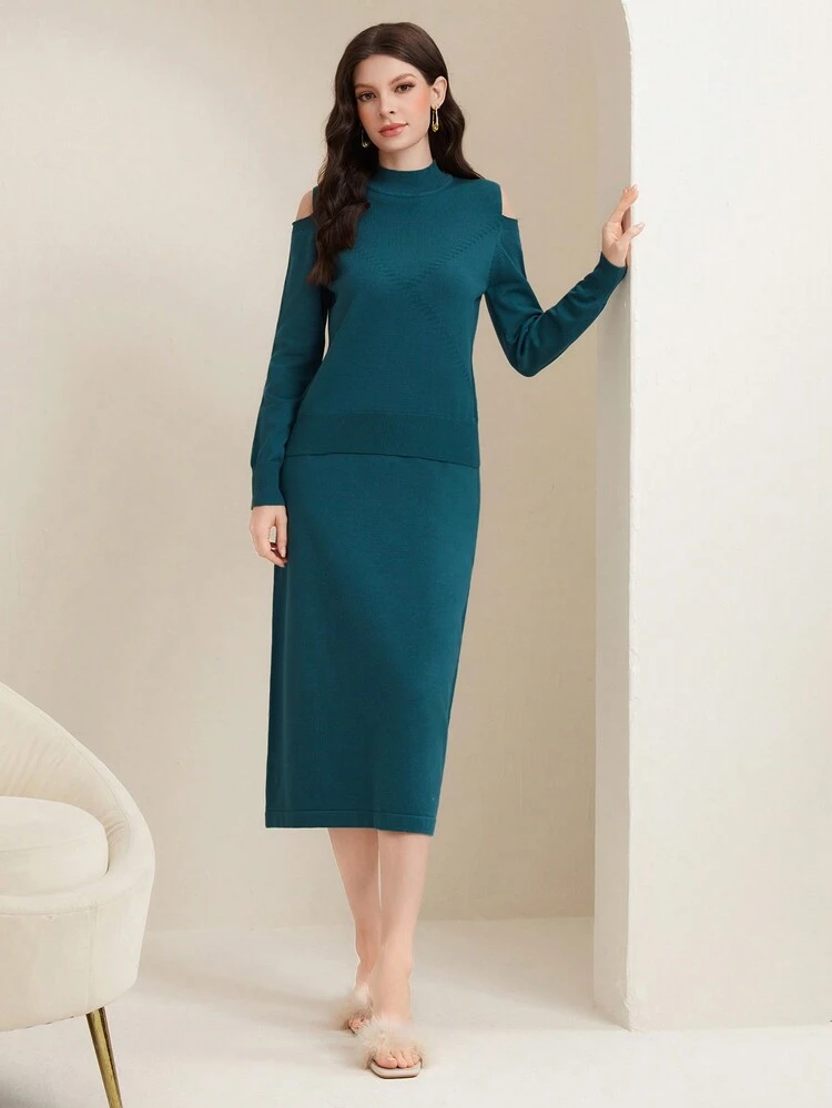 Women'S Plain Stand Collar, Cold-Shoulder Knitted Sweater And Skirt Set 2 Piece Set