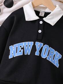 SHEIN 女孩專屬拱形字母撞色立領街頭風休閒運動連帽衫 - 黑色 - 查看 4