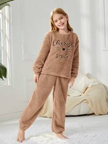 SHEIN Cô gái Tween Thêu Chữ Áo chui đầu & Rộng Có chân Quần Sang trọng Bộ đồ thể thao Bộ Đối với Nhà  Mặc - Lạc đà - Xem 3