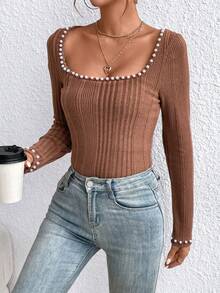 SHEIN Privé Của phụ nữ Kết cườm Trang trí Cổ vuông Sọc Áo thun - màu nâu - Xem 9