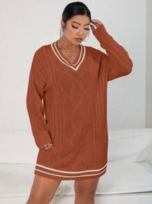 SHEIN LUNE Của phụ nữ Kích thước lớn Sọc Xoắn Dan Đầm Áo len - Màu Cam cháy - Xem 4