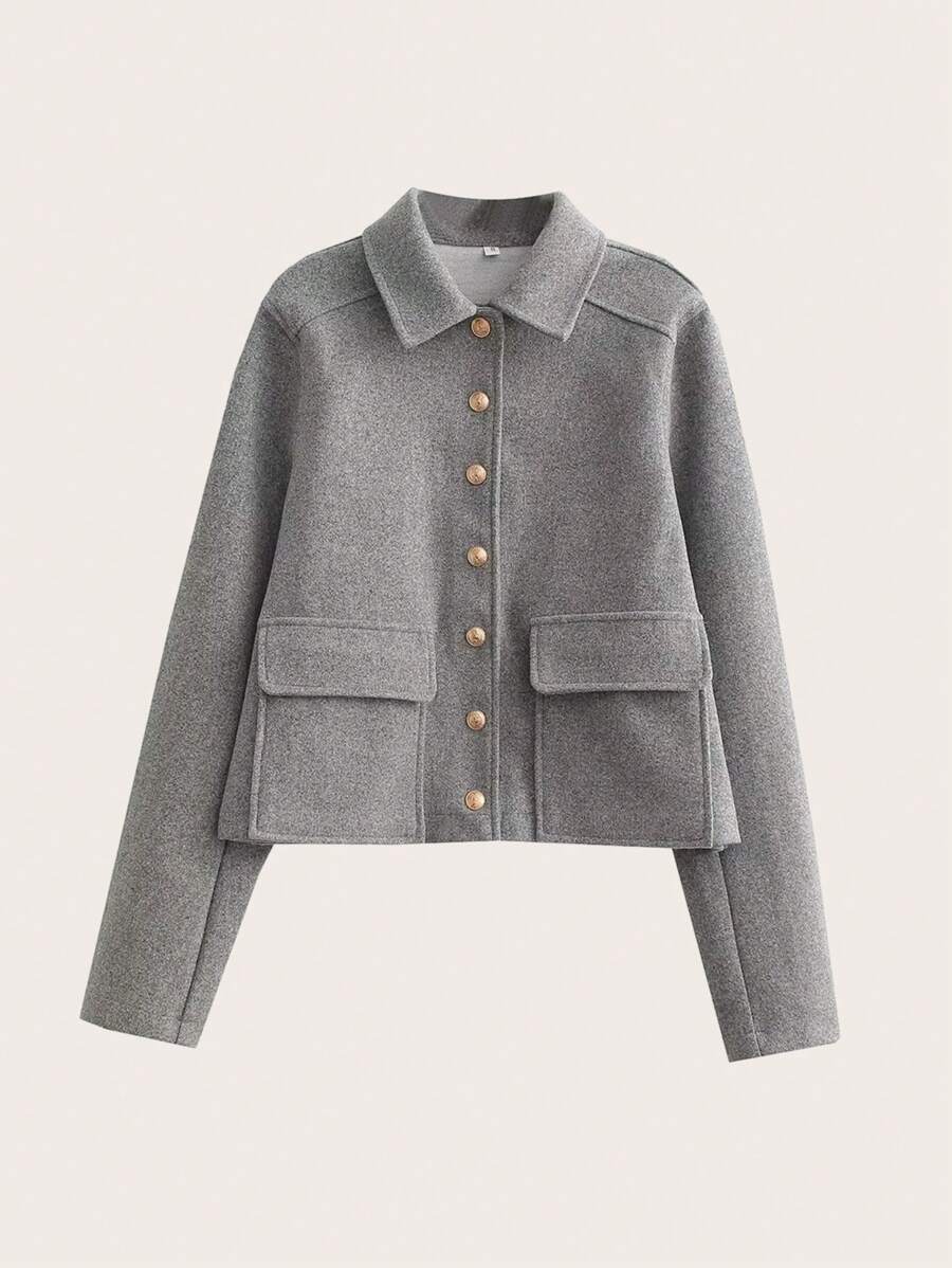 Flap Pocket Raglan Sleeve Button Front Overcoat,Ladies Late Fall Casual Button Regular Sleeve Collar Regular Fit Grey Plain Women Overcoats,Casual Daily Wear - Grey - View 1