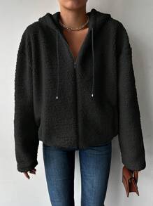 EURMUSE Women's Solid Color Hooded Drop Shoulder Jacket - Black - View 3