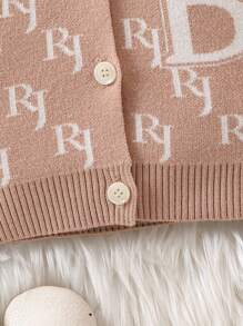 Infant Boy's Letter Patterned Cardigan With Round Collar - Khaki - View 5