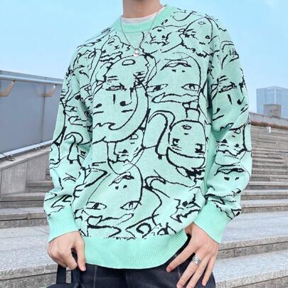 남성 만화 패턴 드롭 숄더 스웨터