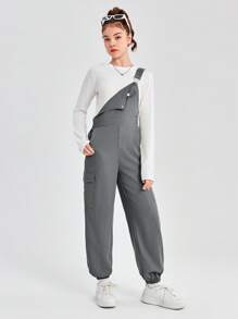 SHEIN Teen Girls Casual Woven Solid Color Pocket Cargo Adjustable Instep Jumpsuit - Grey - View 5