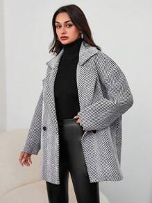 RueChic Herringbone Print Drop Shoulder Overcoat - Black and White - View 5