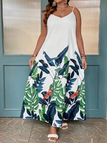 EMERY ROSE Plus Size Spaghetti Strap Tree Leaves Printed Shift Dress For Summer - Green - View 6