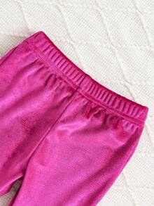 Conjunto De Top Fruncido Suave Y Pantalones Acampanados De Terciopelo Para Bebé Niña Para Otoño / Invierno - Rosa Fucsia - Ver 6