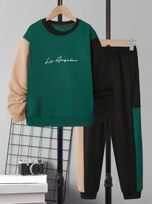 SHEIN Tween 男孩拼色圓領運動衫和運動褲套裝 - 彩色 - 查看 1