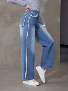 SHEIN EZwear Women's Versatile Straight Leg Jeans With Fringe Detail - Medium Wash - View 1