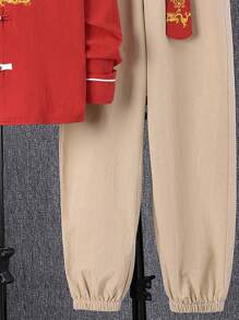 SHEIN Tween Boys' Stand Collar Printed Shirt And Pants Hanfu Suit - Red - View 3