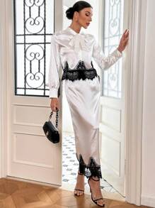 SHEIN Privé Của phụ nữ Thanh lịch Hai chiếc Bộ đồ Với Vải Jacquard Và Ren Vá lại - trắng - Xem 1