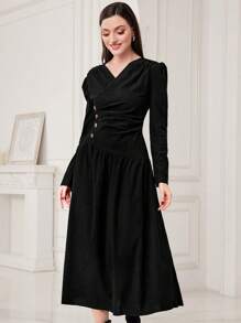 Modelyn 女用褶皺泡泡袖連身裙 - 黑色 - 查看 3