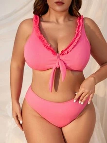 Swim Mod 大尺碼女士荷葉邊紋身泳衣套裝 - 玫紅色 - 查看 5