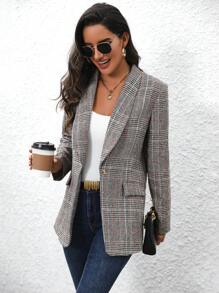 SHEIN Essnce Ladies' Fashion Plaid Blazer - Apricot - View 6