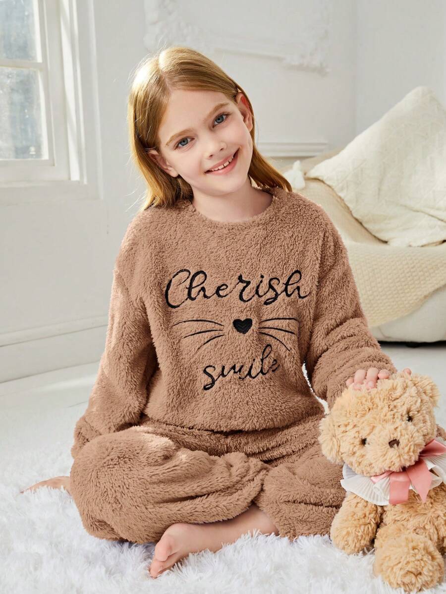 SHEIN Cô gái Tween Thêu Chữ Áo chui đầu & Rộng Có chân Quần Sang trọng Bộ đồ thể thao Bộ Đối với Nhà  Mặc - Lạc đà - Xem 1