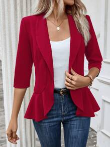 SHEIN LUNE Shawl Collar Ruffle Hem Blazer - Red - View 4